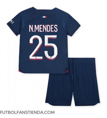 Paris Saint-Germain Nuno Mendes #25 Primera Equipación Niños 2023-24 Manga Corta (+ Pantalones cortos)